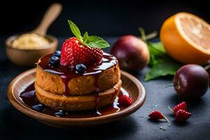 a cake with berries and syrup on top. AI-Generated photo