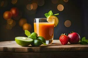 a glass of juice with strawberries and apples. AI-Generated photo