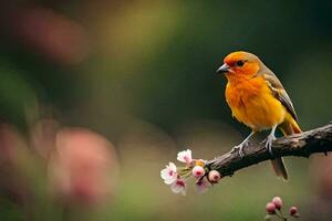 un pequeño naranja pájaro es encaramado en un rama. generado por ai foto