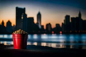 a bucket of peanuts on the beach with the city skyline in the background. AI-Generated photo