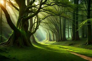 a path through a green forest with trees. AI-Generated photo