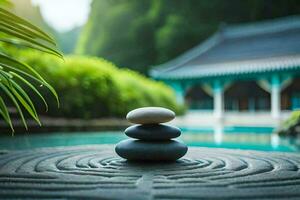 a zen garden with stones and a pool. AI-Generated photo