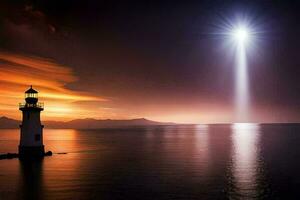 un faro es iluminado arriba por un brillante ligero en el cielo. generado por ai foto