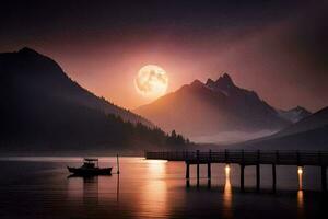 a boat sits on the dock at sunset with a full moon. AI-Generated photo