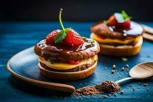 two hamburgers with strawberries on top. AI-Generated photo