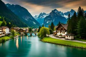 a river runs through a mountain valley with houses and trees. AI-Generated photo