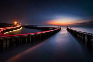 un largo exposición fotografía de un puente a noche. generado por ai foto