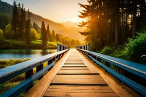 un de madera puente Guías a un lago en el montañas. generado por ai foto