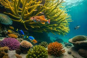 an underwater scene with colorful corals and fish. AI-Generated photo