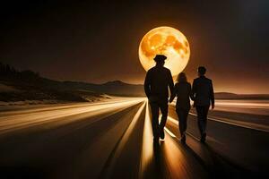 dos personas caminando en el la carretera con un lleno Luna en el antecedentes. generado por ai foto