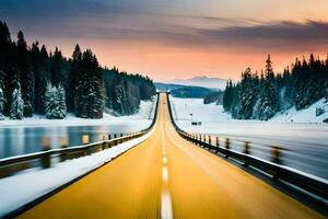 a long road with snow on the ground and a yellow line. AI-Generated photo