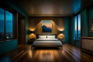 a bedroom with a large bed and wooden floors. AI-Generated photo