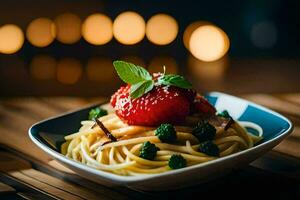 a plate of spaghetti with a strawberry and a green leaf. AI-Generated photo