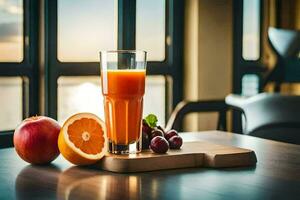 a glass of orange juice and grapes on a table. AI-Generated photo