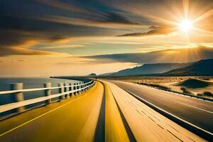 a highway with the sun shining over it. AI-Generated photo