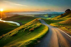 el la carretera a el puesta de sol. generado por ai foto