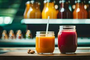 two mason jars with juice and a straw sitting on a table. AI-Generated photo