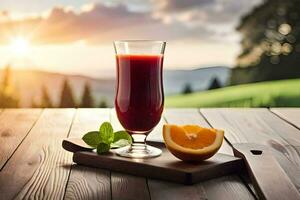 a glass of juice on a wooden table with a sunset in the background. AI-Generated photo