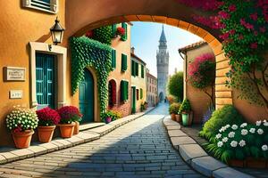 an illustration of a street with flowers and potted plants. AI-Generated photo