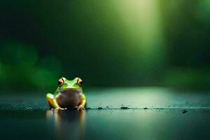 a frog sitting on the ground in front of a green background. AI-Generated photo