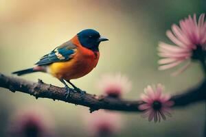 a colorful bird sits on a branch with pink flowers. AI-Generated photo