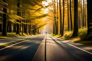 a long exposure photograph of a road in the woods. AI-Generated photo