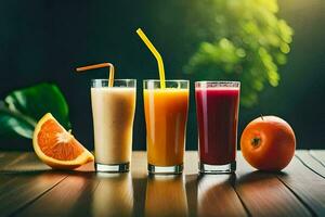 Tres lentes de jugo con naranjas y naranjas generado por ai foto