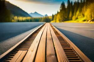 a long wooden track in the middle of a forest. AI-Generated photo