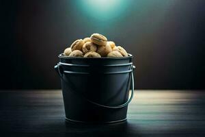 a bucket filled with walnuts on a table. AI-Generated photo