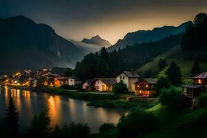 photo wallpaper the sky, mountains, lake, house, the night, the mountains, the lake. AI-Generated