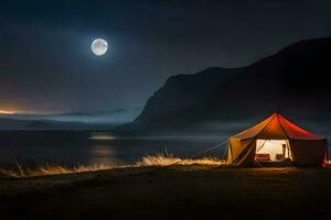 un tienda es conjunto arriba en el playa a noche con un lleno Luna. generado por ai foto