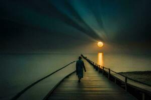 a man walks along a pier at night with the sun shining. AI-Generated photo