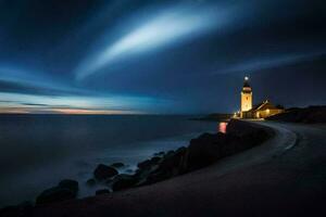 a lighthouse sits on the shore of a body of water. AI-Generated photo