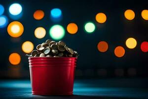 a red bucket filled with coins on a table in front of a blurred background. AI-Generated photo