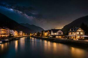 foto fondo de pantalla el cielo, noche, montañas, río, casas, barcos, noche, el Luna. generado por ai