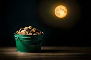 a bucket filled with coins on a table in front of a full moon. AI-Generated photo