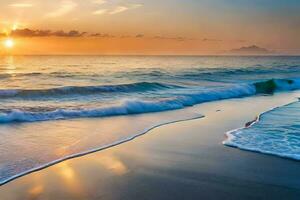 sunset on the beach, waves, ocean, beach, hd wallpaper. AI-Generated photo