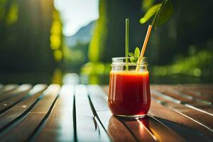 a glass of juice on a wooden table. AI-Generated photo