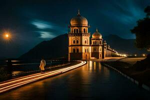 a long exposure photograph of a mosque at night. AI-Generated photo
