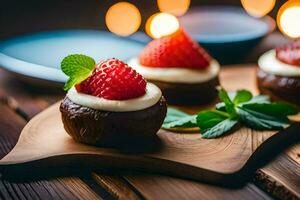 Tres chocolate cubierto fresas en un de madera tablero. generado por ai foto