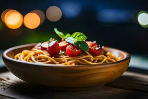 spaghetti with tomatoes and basil in a wooden bowl. AI-Generated photo