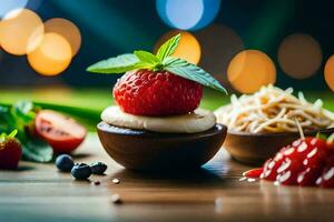 a strawberry and a bowl of pasta with berries. AI-Generated photo