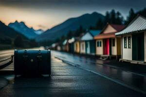 a suitcase sitting on the road in front of a row of houses. AI-Generated photo