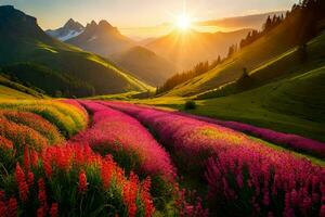 the sun rises over a field of pink flowers in the mountains. AI-Generated photo