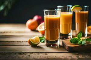 two glasses of orange juice with slices of fresh fruit. AI-Generated photo