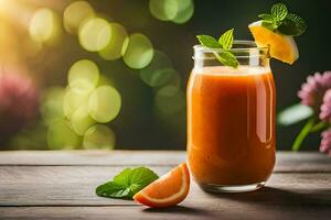 a glass of orange juice with mint leaves and slices of orange. AI-Generated photo