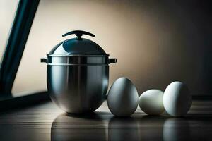 eggs and a silver canister on a table. AI-Generated photo
