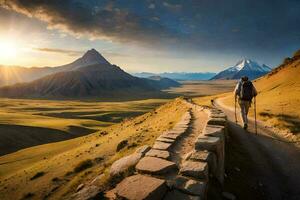 the man is walking on the path in the mountains. AI-Generated photo