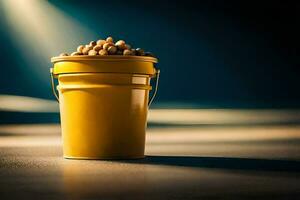 a yellow bucket filled with peanuts on a table. AI-Generated photo