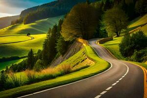a winding road in the mountains with green hills and trees. AI-Generated photo